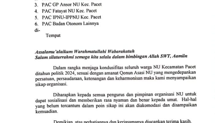 Majelis Wakil Cabang Nahdlatul Ulama Kecamatan Pacet Keluarkan Surat Edaran Sikap Politik Tahun 2024 1 SORBANSANTRI.COM